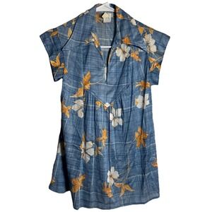 Vintage Union Made ILGWU Floral Blouse Women's Medium Blue Retro USA‎ Top